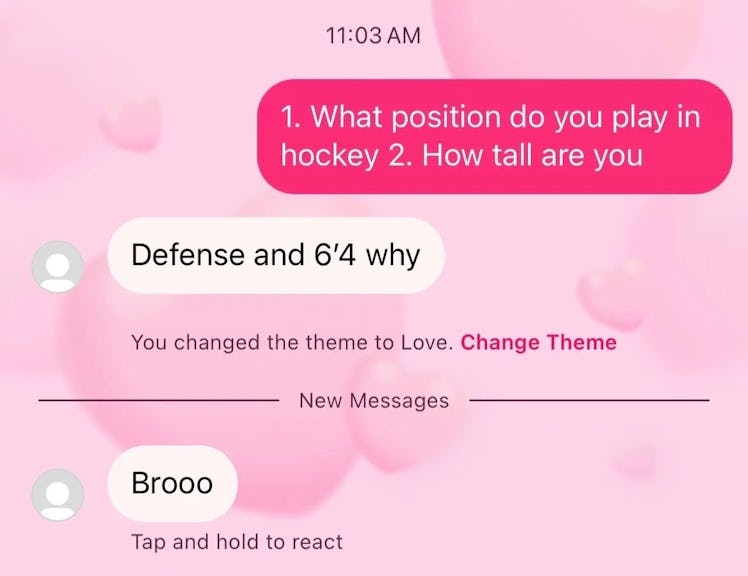 Screenshot of someone changing their DM conversation to the "love" theme
