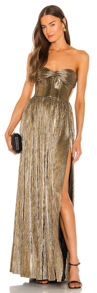 metallic gold strapless gown