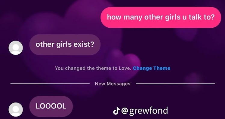 Screenshot of someone changing their DM conversation to the "love" theme