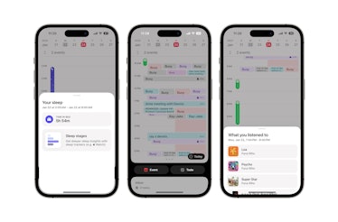Screenshots of the Amie calendar app showing Sleep and Spotify integrations