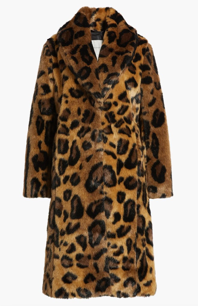 Leopard Print Shawl Collar Faux Fur Coat