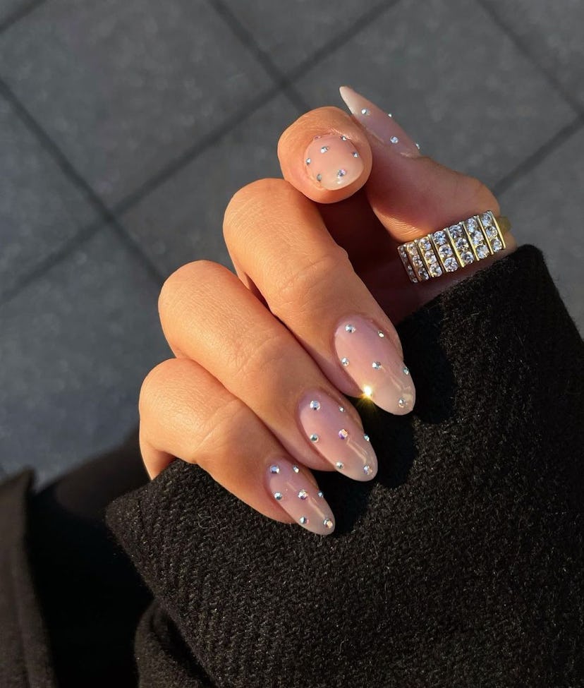 Almond-shaped nails are on-trend for 2024.