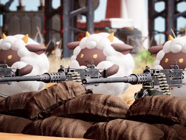 Stuffed toy sheep with cartoonish features are perched behind sandbags holding realistic assault rif...