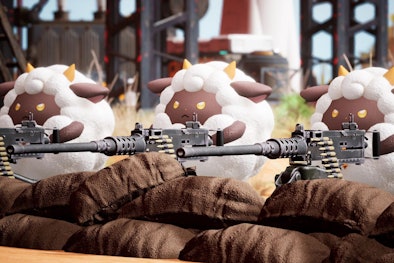 Stuffed toy sheep with cartoonish features are perched behind sandbags holding realistic assault rif...