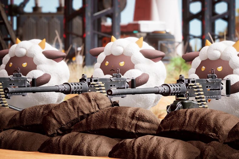 Stuffed toy sheep with cartoonish features are perched behind sandbags holding realistic assault rif...