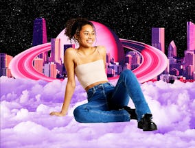 Young woman smiling and chilling on a cloud in front of Saturn after reading her February 2024 horos...