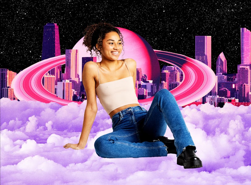 Young woman smiling and chilling on a cloud in front of Saturn after reading her February 2024 horos...