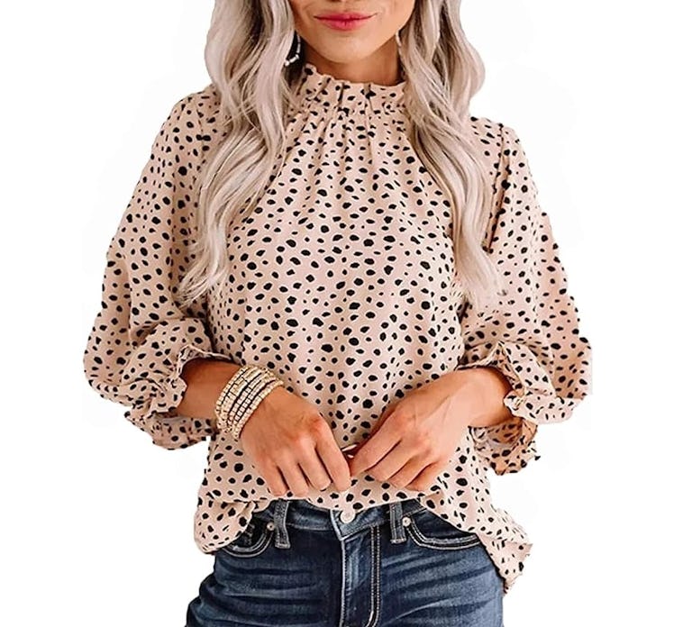 Avanova Leopard Printed Ruffle Hem Mock Neck Top