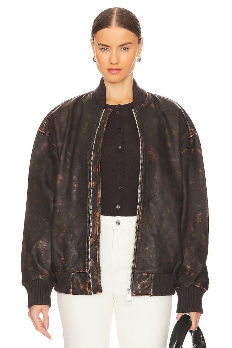 Distressed Leather Oversized Bomber