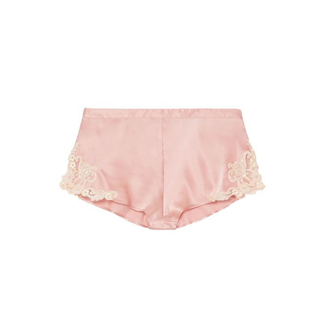 Maison Embroidered Lace-Trimmed Silk-Blend Satin Shorts