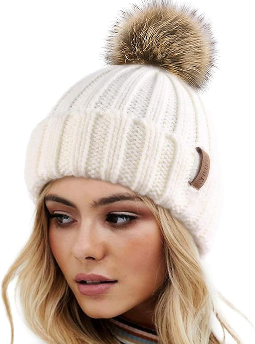 FURTALK Knitted Beanie With Faux Fur Pom