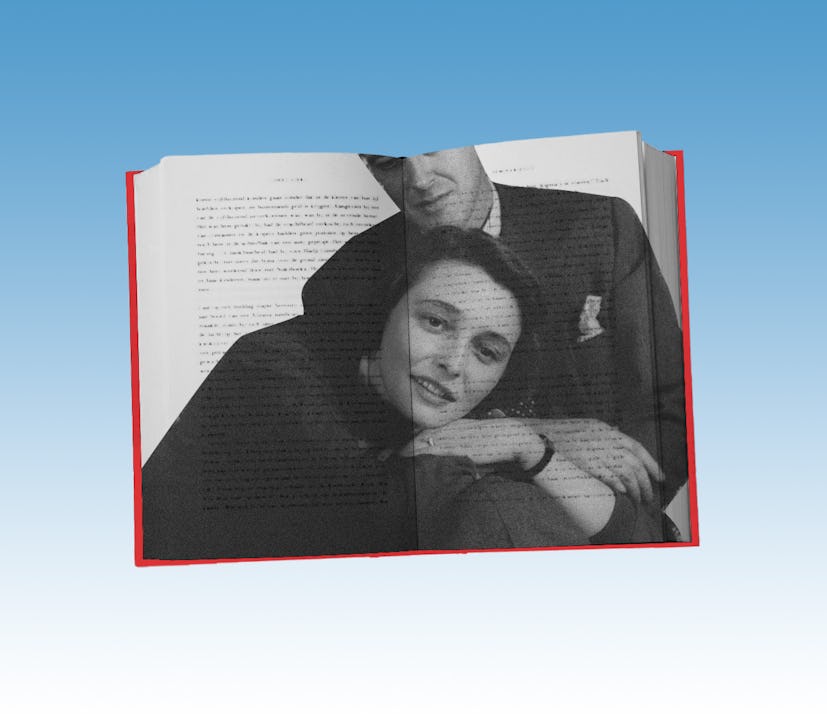 A photo of a literary wife with her husband, overlaid on a book.