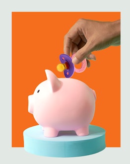 a hand holding a pacifier, hovering over a piggy bank