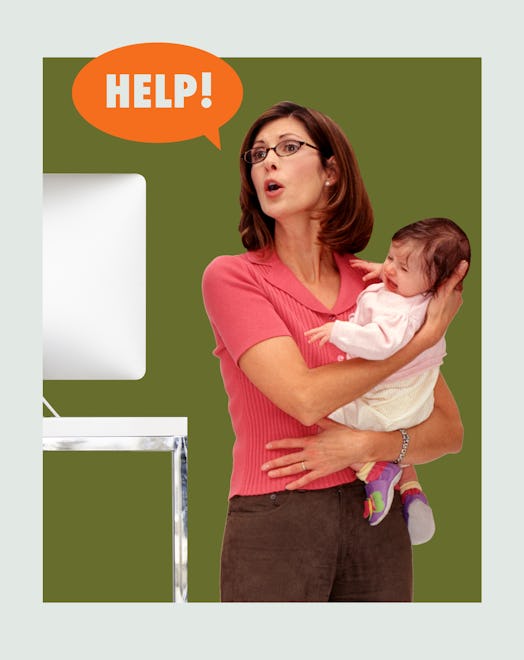 A mother holding a baby shouting, "Help!"