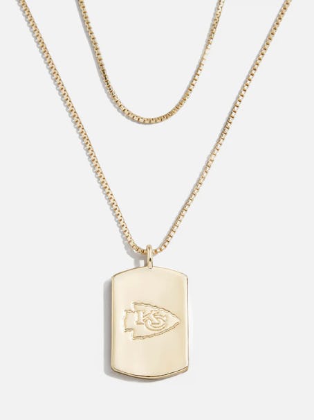 This Kansas City Chiefs dog tag necklace is the same one Taylor Swift wore to cheer on Travis Kelce....