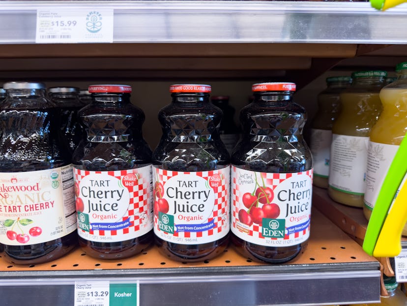 Tart cherry juice on store shelf, in a story about whether or not you can drink the sleepy girl mock...