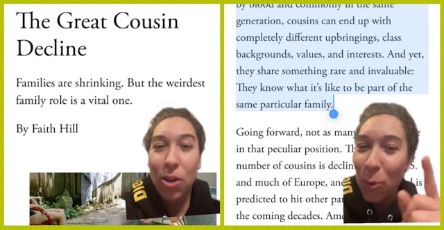 TikToker Miriam Tinny breaks down an article in 'The Atlantic' talking about the "Great Cousin Decli...