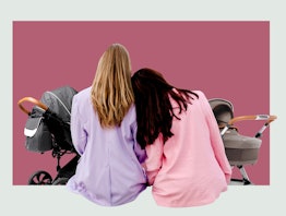 two mothers leaning on each other in front of strollers