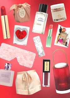 a collage of valentine's day gift items like candles, lipsticks, body oils