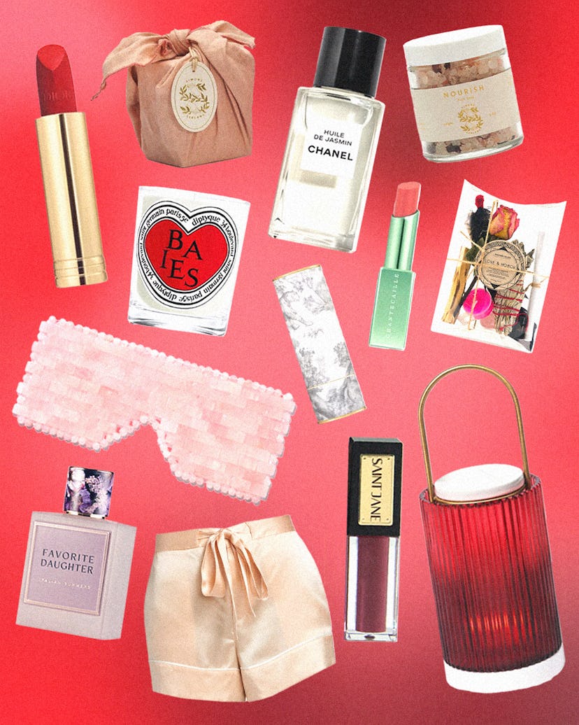a collage of valentine's day gift items like candles, lipsticks, body oils