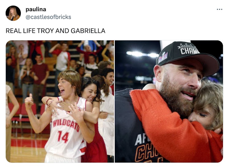 A screenshot of a tweet comparing Travis Kelce and Taylor Swift to Troy and Gabriella in 'High Schoo...