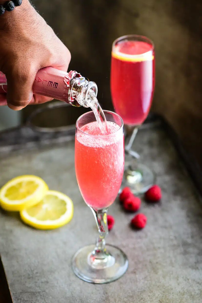 Raspberry French 75 cocktail, a perfect pink Valentine's day cocktail