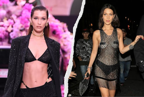 Bella Hadid wears a bedazzled suit with exposed undies for Versace's Spring 2020 show and a sheer dr...