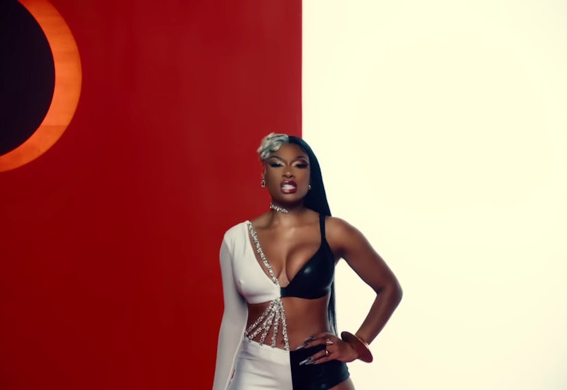 Megan Thee Stallion wore two-toned lipstick-shaped nails in the “Hiss” music video.