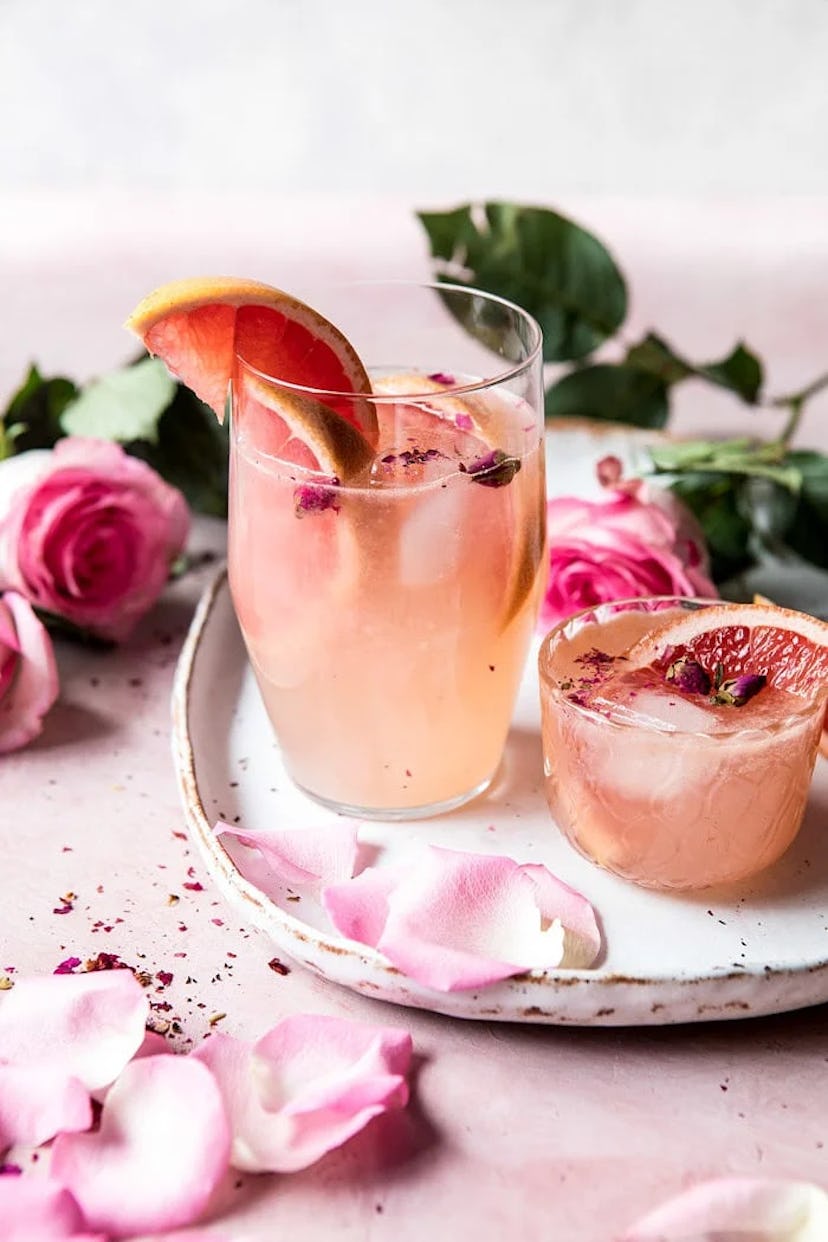 Paloma made with rose and ginger, a pink Valentine's Day cocktail option
