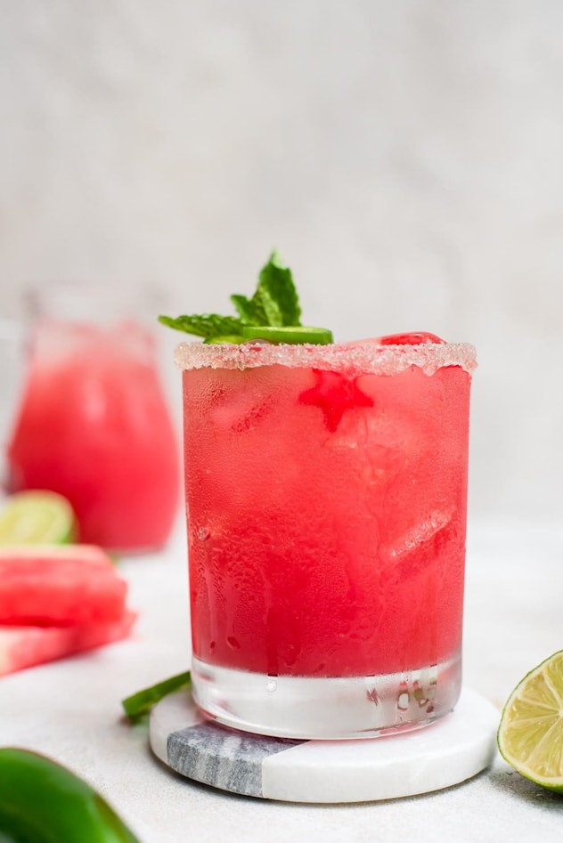 This watermelon margarita is the perfect pink cocktail for Valentine's day.