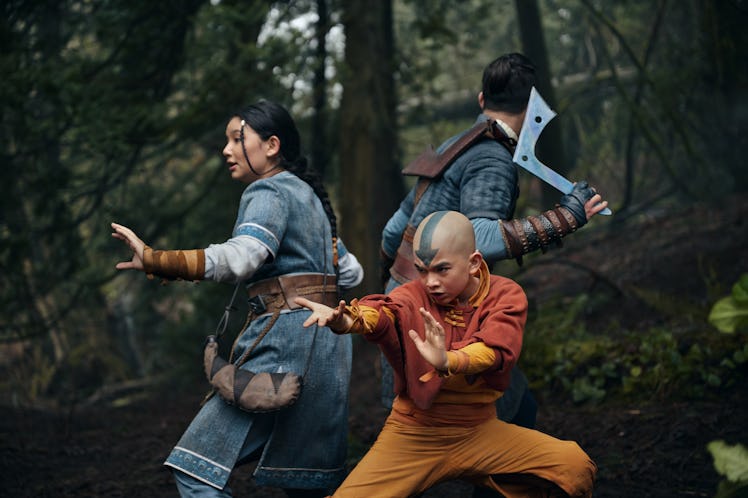 Kiawentiio, Gordon Cormier, and Ian Ousley in Avatar: The Last Airbender