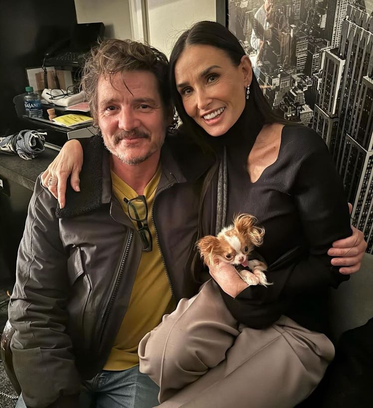 Demi Moore, her dog Pilaf, and Pedro Pascal.