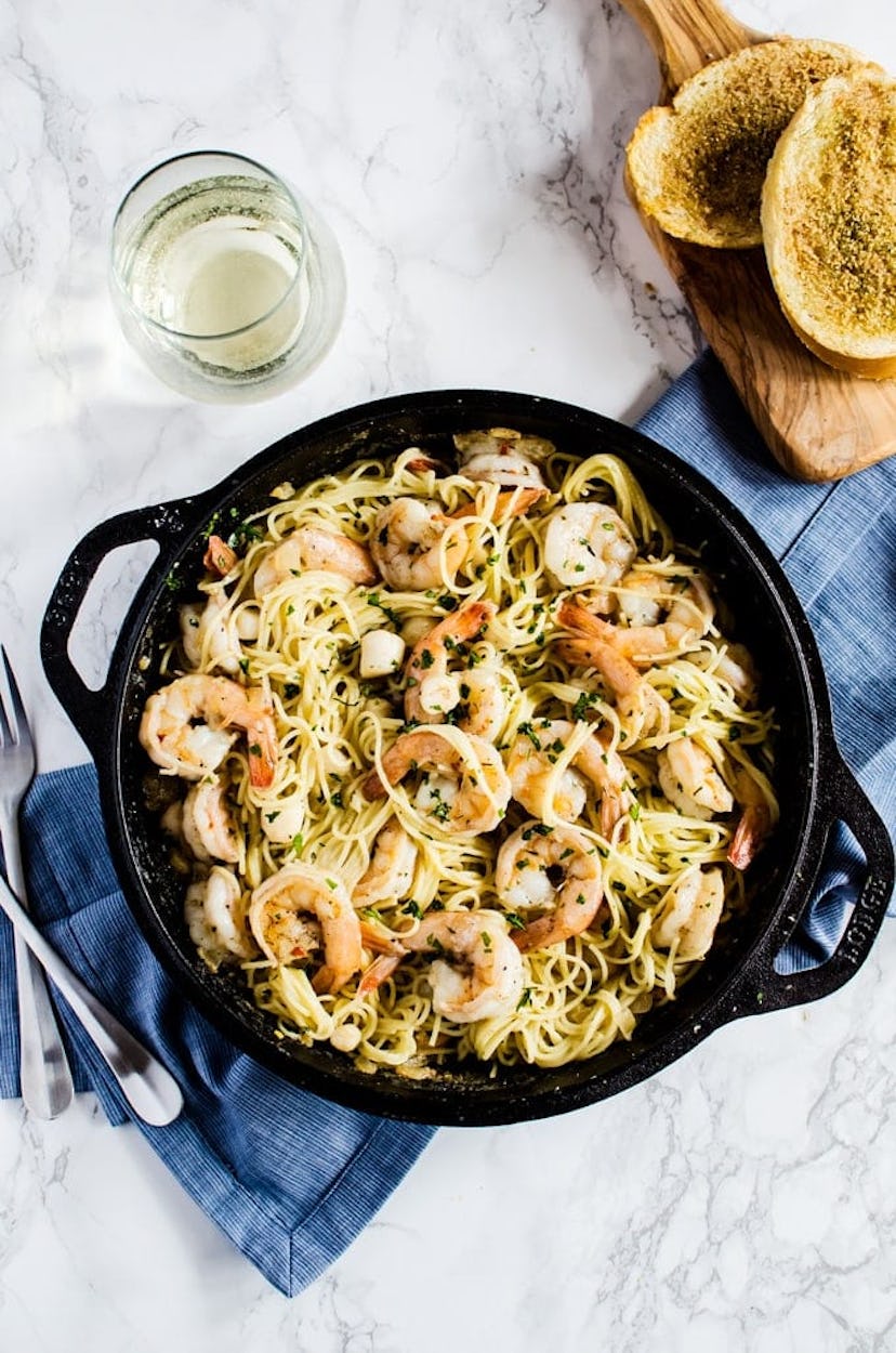 Brown butter shrimp scampi with scallops, a delicious seafood at-home Valentine's Day dinner idea