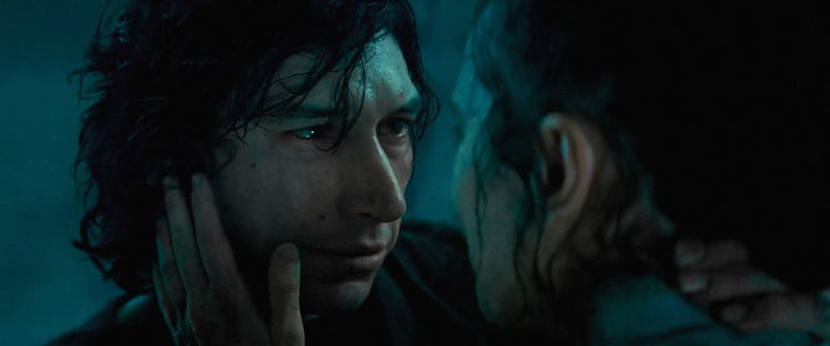 Ben Solo/Kylo Ren (Adam Driver) and Rey (Daisy Ridley) embrace in Star Wars: The Rise of Skywalker