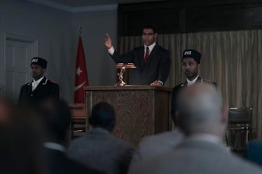 Malcolm X, played by Aaron Pierre, preaches in GENIUS: MLK/X.