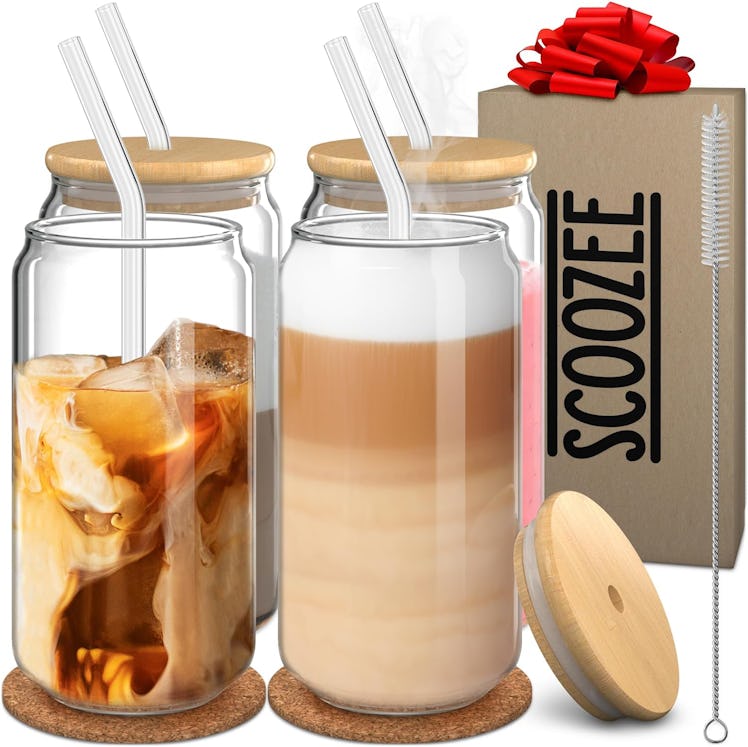 Scoozee Glass Cups with Bamboo Lids and Straws (Set of 4)