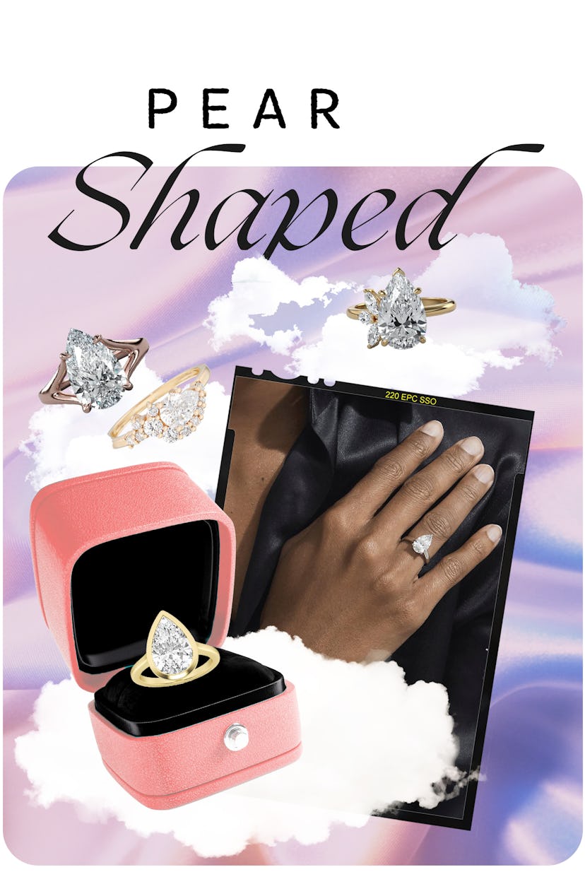 An assortment of engagement rings with pear-shaped stones.
