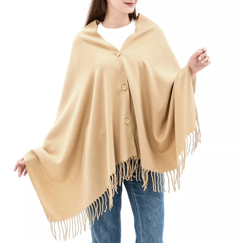 Shawl With Buttons and Fringe