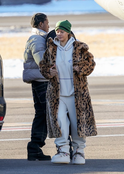 Rihanna wears a cheetah print fur coat in Aspen, Colorado