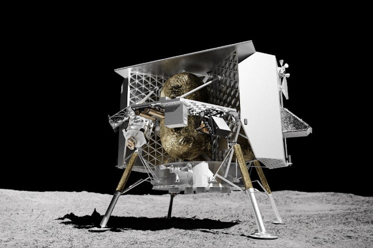 A stout Moon lander stands alone on the Moon's surface. It's exposed center has a rough texture. The...