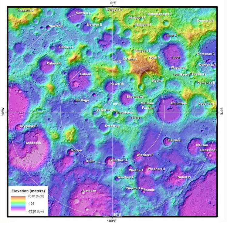 A topographical map uses colors that strongly contrast one another to convey elevation. The top of t...