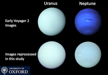 four planets on a black backround. The top 2 are Voyager 2 images of Uranus on the left and Neptune ...