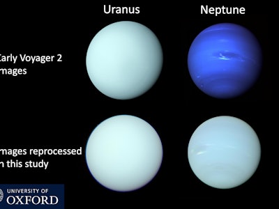 Four planetary images showing early and reprocessed Voyager 2 photos of Uranus and Neptune, with a U...