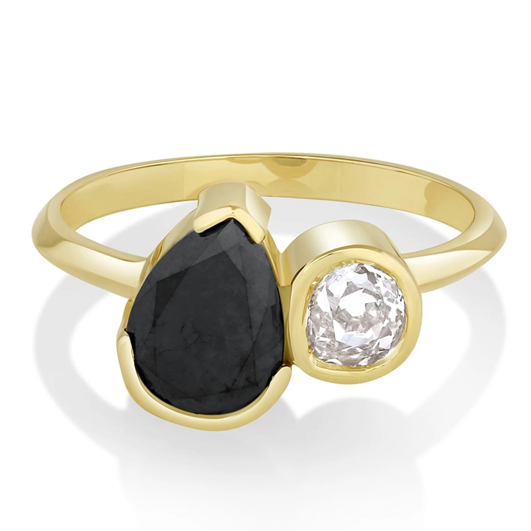 2.18ct Black Diamond Pear and Old Mine Cut Toi et Moi Ring