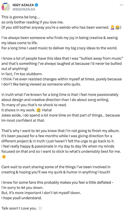 On Jan. 3, rapper Iggy Azalea seemingly hinted that she's retiring from music.