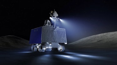 A small rover roams close to the lunar surface. Two lights on the rover's head peer down towards the...