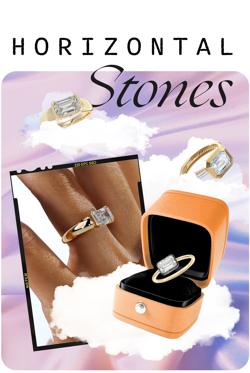 An assortment of engagement rings with horizontal stones.