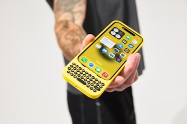 The Clicks keyboard case for iPhone in BumbleBee yellow.