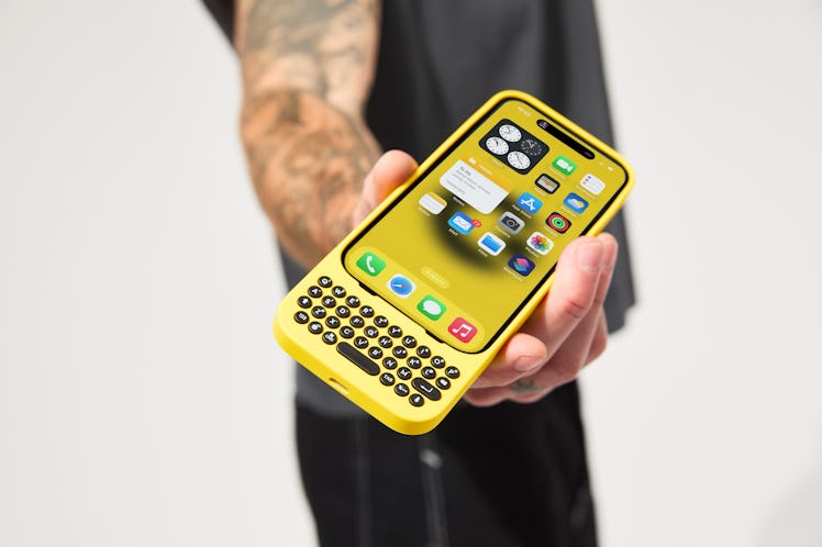 The Clicks keyboard case for iPhone in BumbleBee yellow.