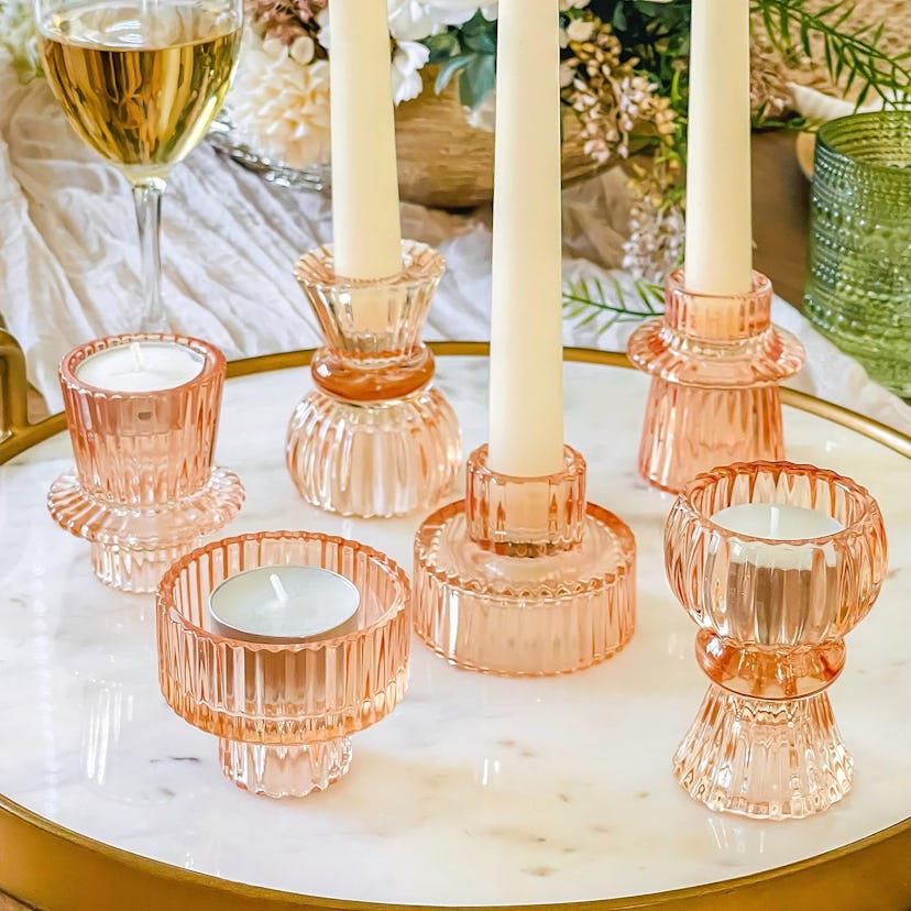 Set of 6 Peach Fuzz Glass Candlestick Holders